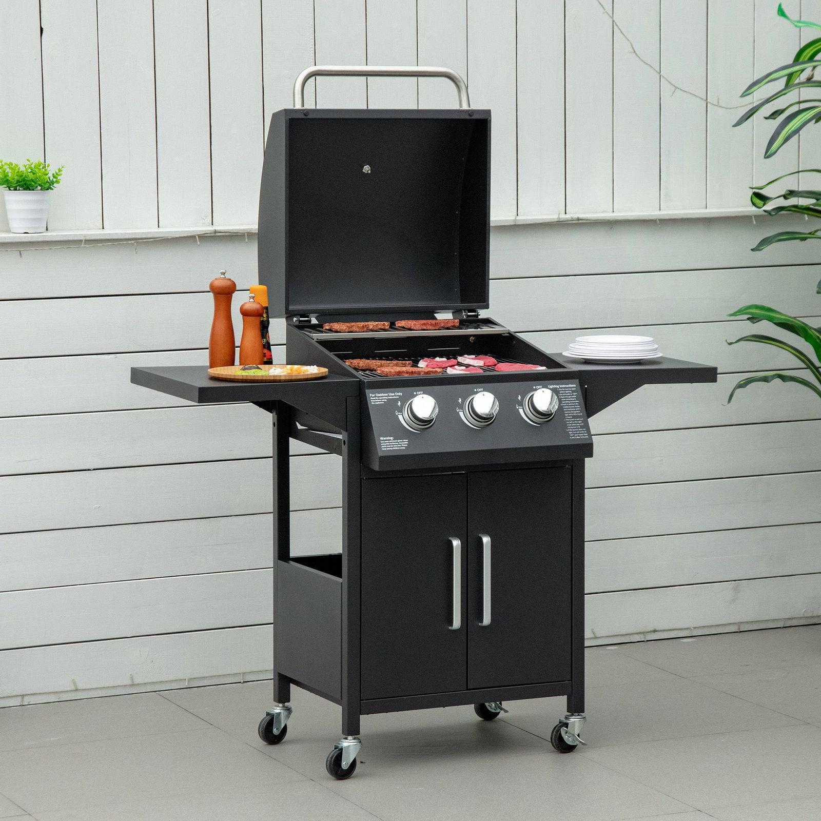Barbecue a gás com 3 queimadores termómetro 2 prateleiras laterais armário 4 rodas e travão 121x55x109 cm preto