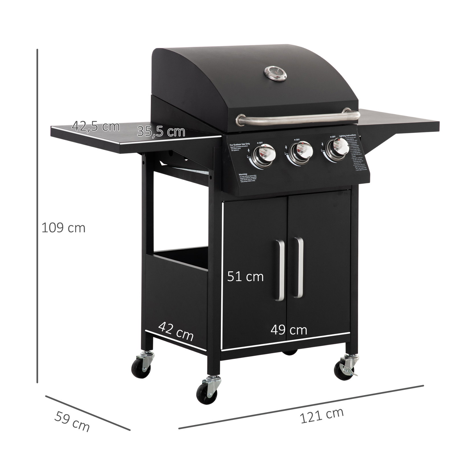 Barbecue a gás com 3 queimadores termómetro 2 prateleiras laterais armário 4 rodas e travão 121x55x109 cm preto