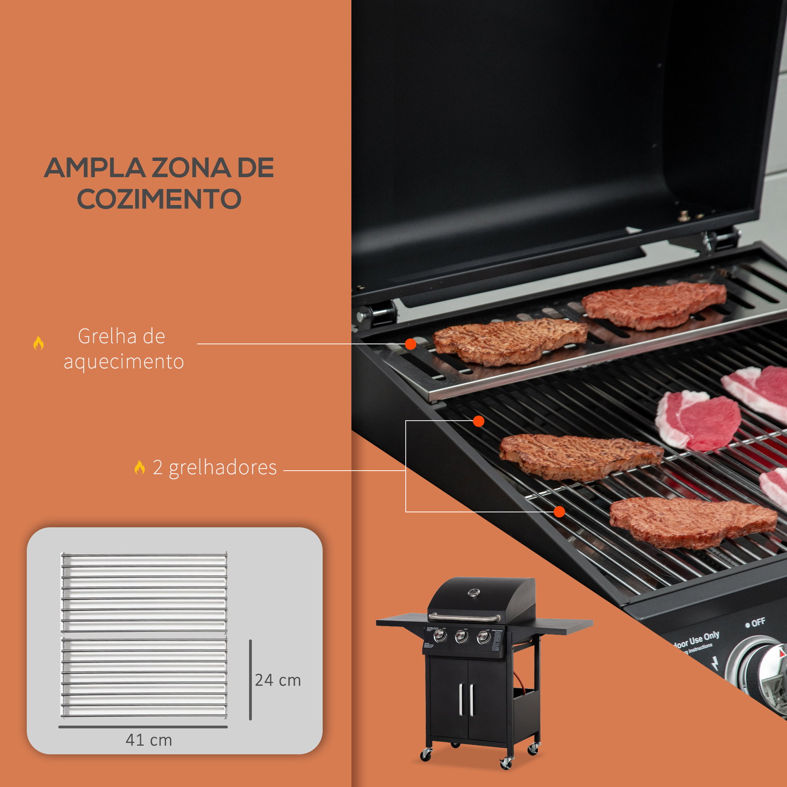 Barbecue a gás com 3 queimadores termómetro 2 prateleiras laterais armário 4 rodas e travão 121x55x109 cm preto