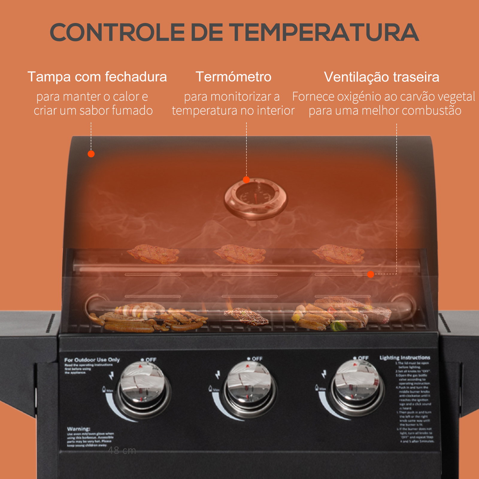 Barbecue a gás com 3 queimadores termómetro 2 prateleiras laterais armário 4 rodas e travão 121x55x109 cm preto