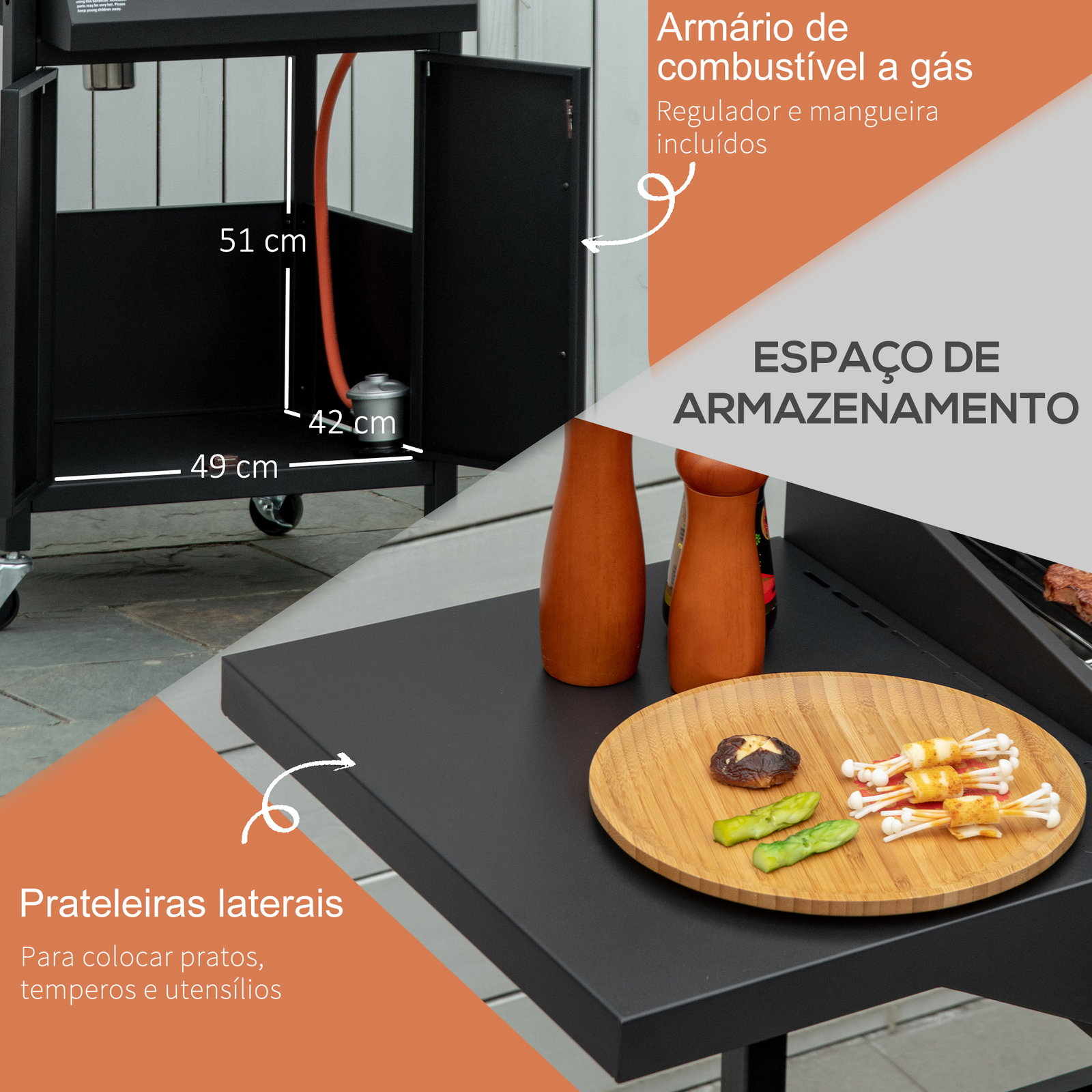 Barbecue a gás com 3 queimadores termómetro 2 prateleiras laterais armário 4 rodas e travão 121x55x109 cm preto