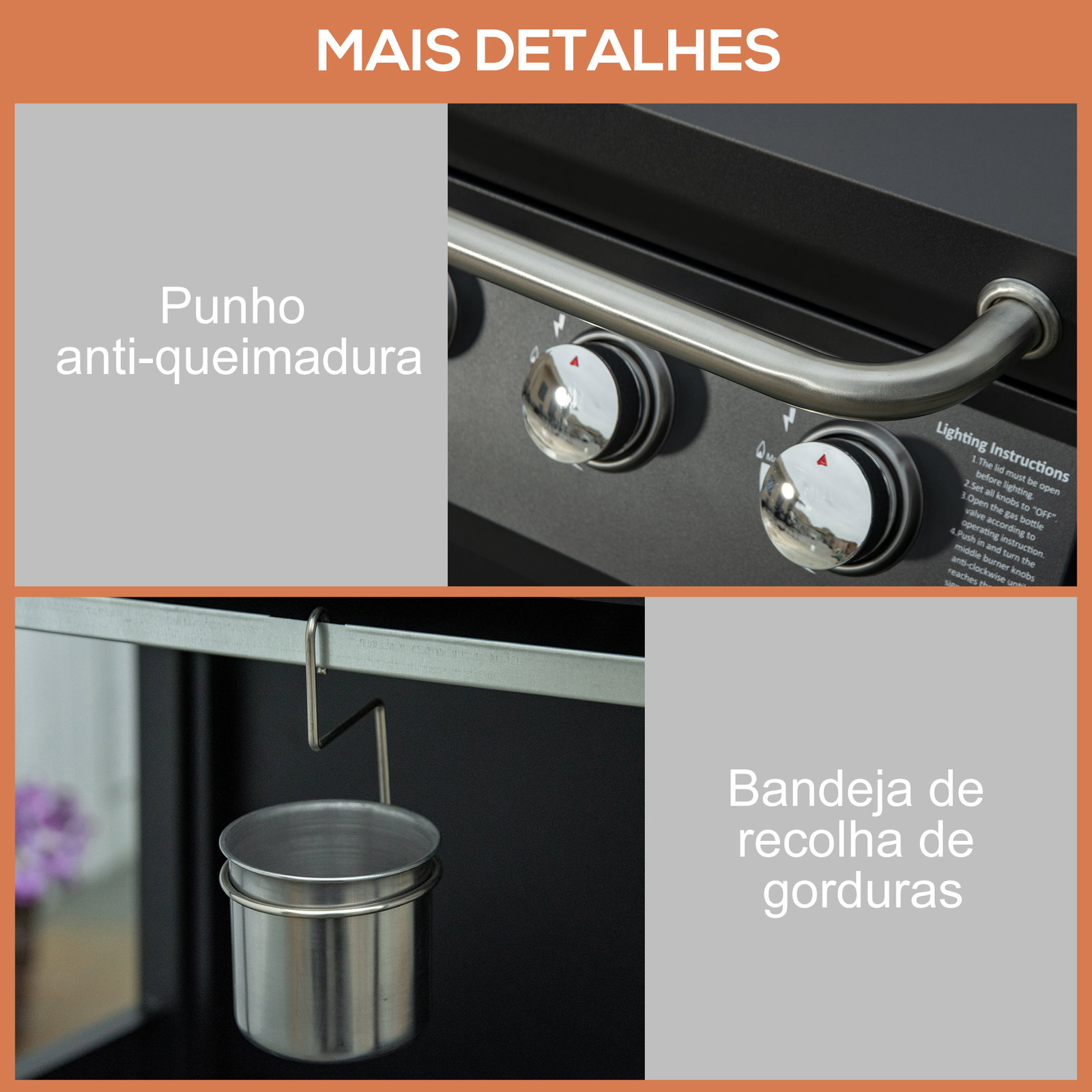 Barbecue a gás com 3 queimadores termómetro 2 prateleiras laterais armário 4 rodas e travão 121x55x109 cm preto