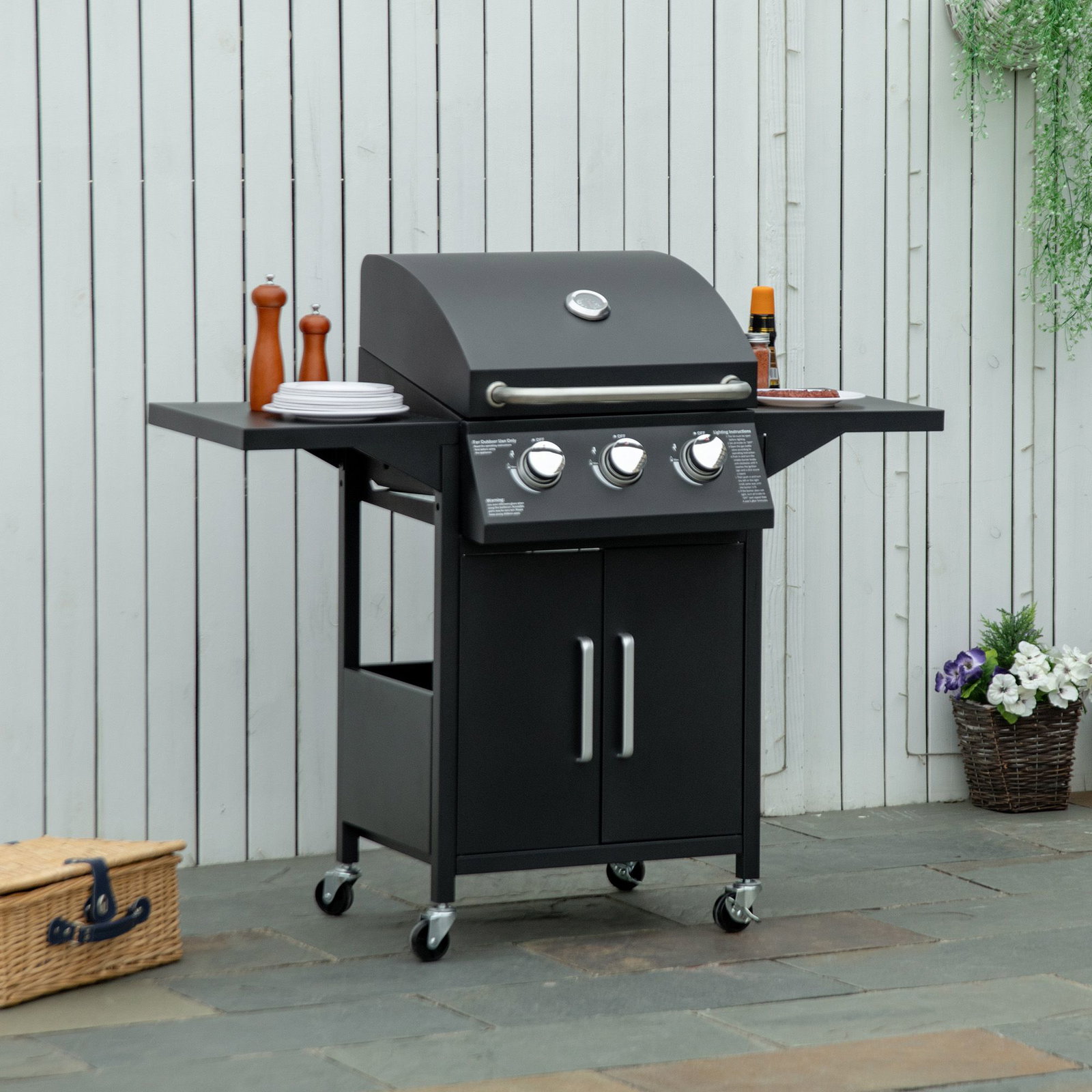 Barbecue a gás com 3 queimadores termómetro 2 prateleiras laterais armário 4 rodas e travão 121x55x109 cm preto