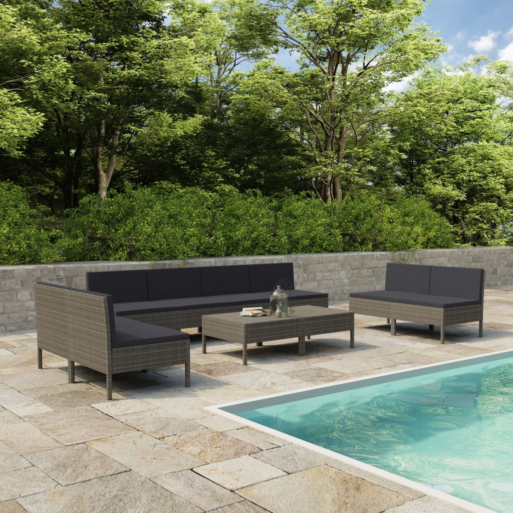 10 Pcs conjunto lounge de jardim c/ almofadões vime PE cinzento