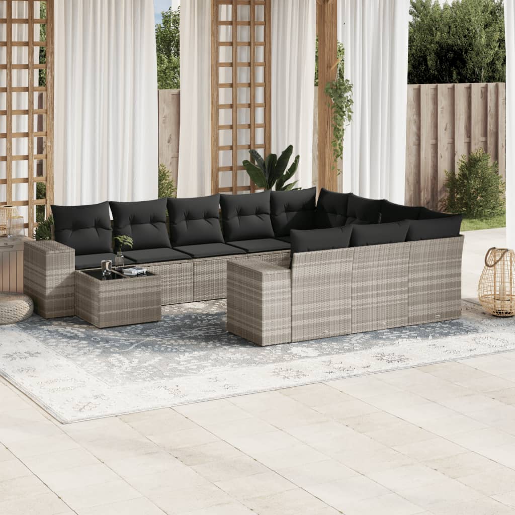 11 Pcs conjunto sofás de jardim c/ almofadões vime PE cinzento