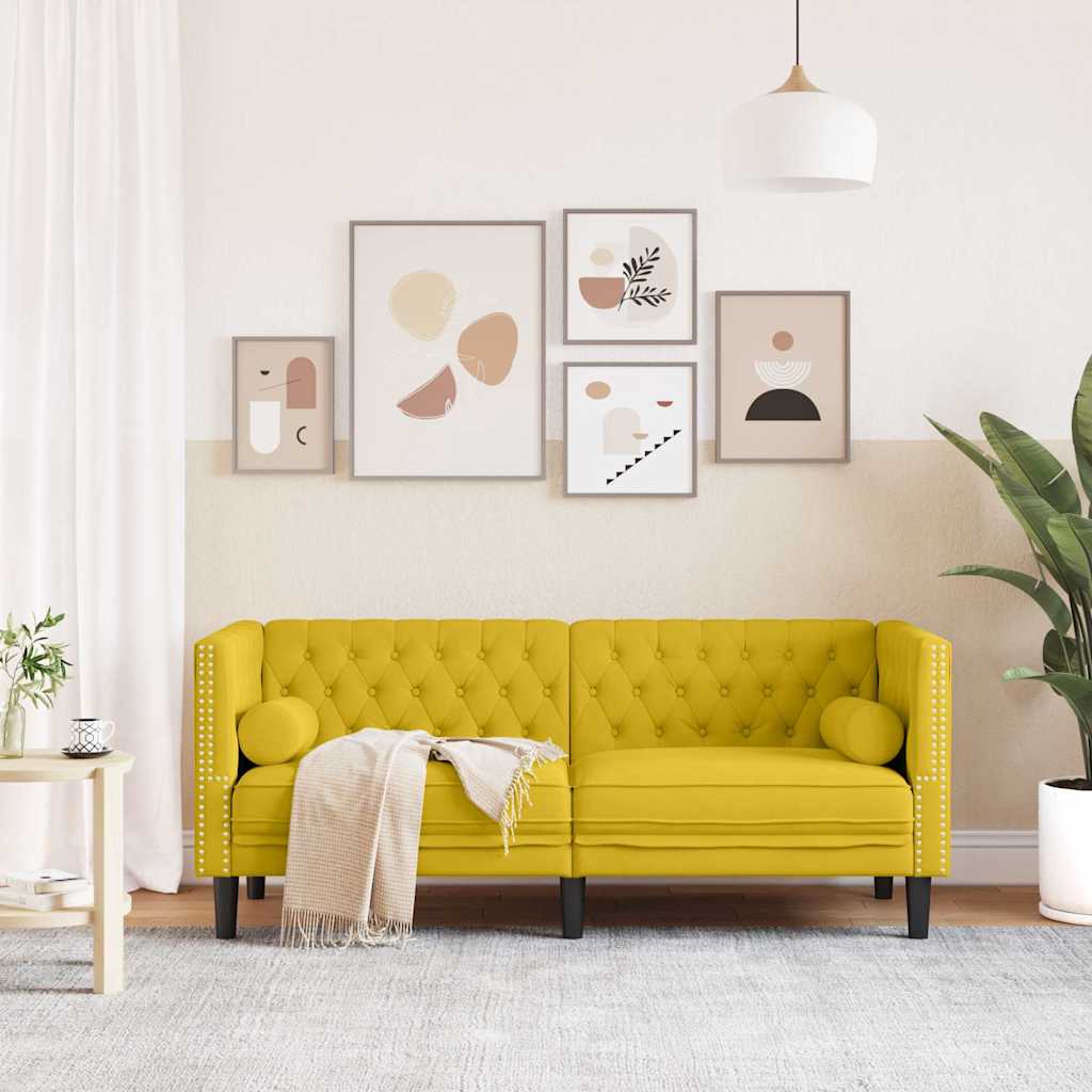 Sofá chesterfield com rolos 2 lugares veludo amarelo