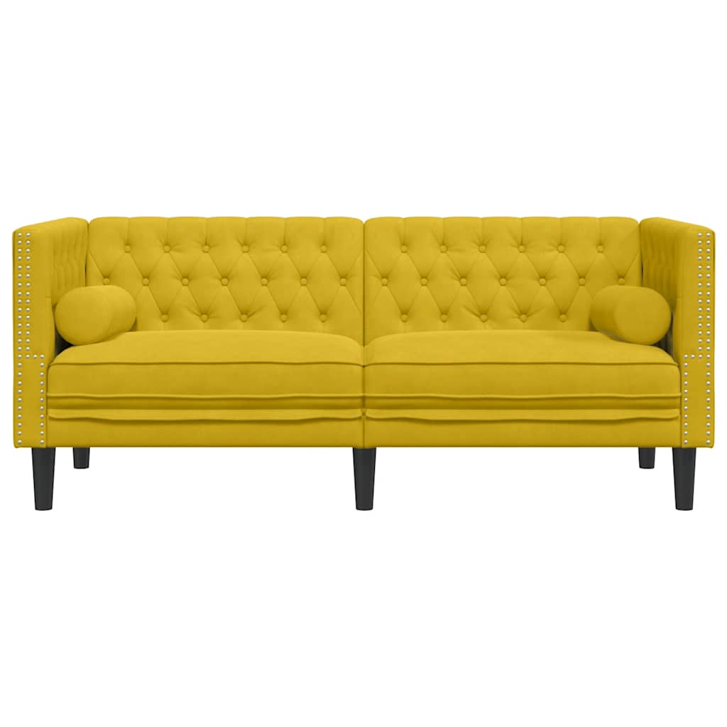 Sofá chesterfield com rolos 2 lugares veludo amarelo