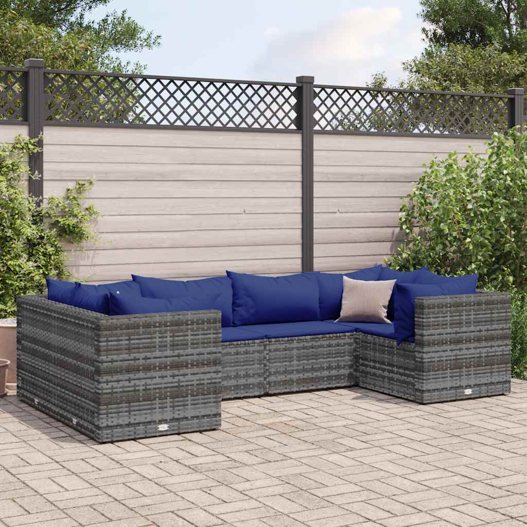 6 Pcs conjunto lounge de jardim c/ almofadões vime PE cinzento