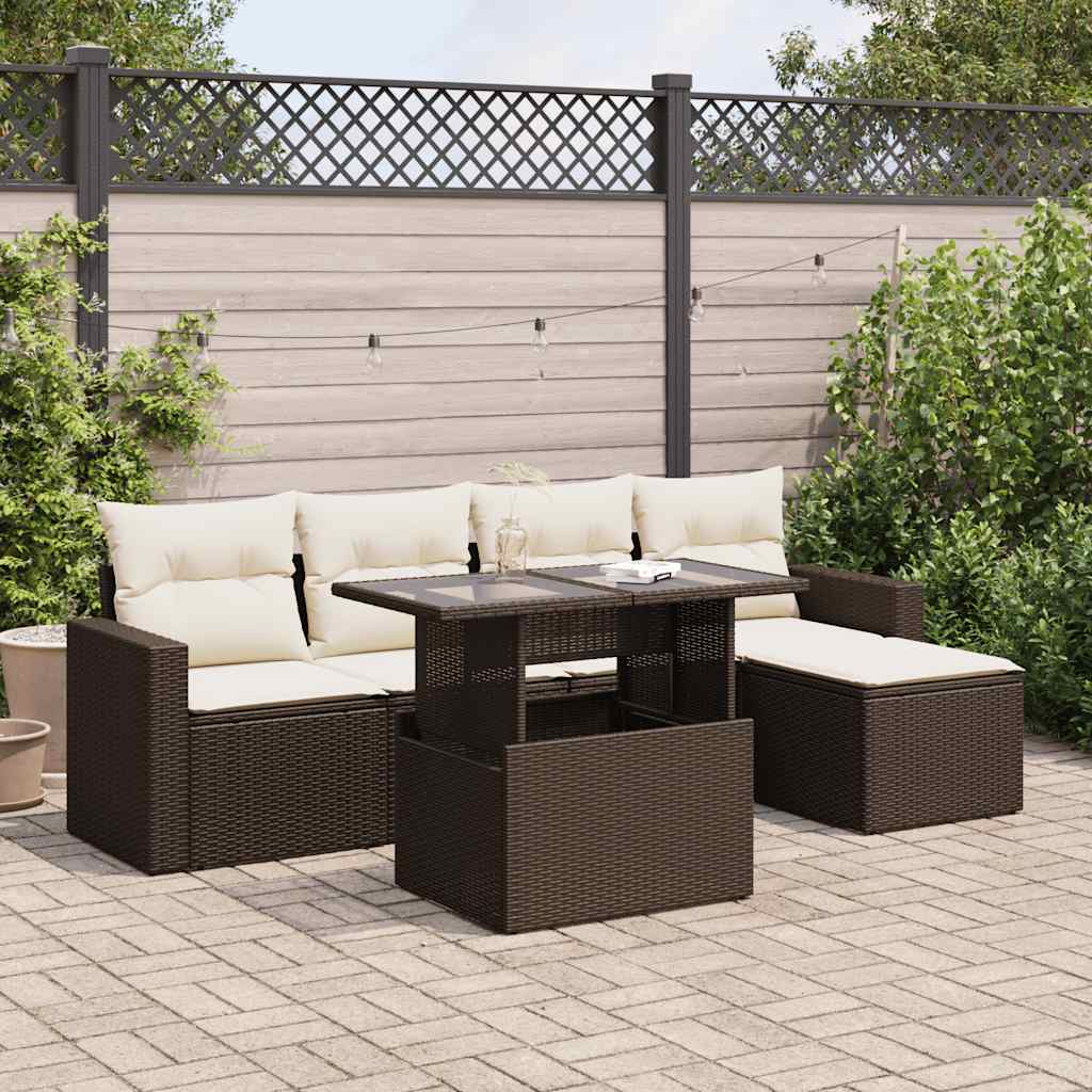6 Pcs conjunto de sofás jardim c/ almofadões vime PE castanho