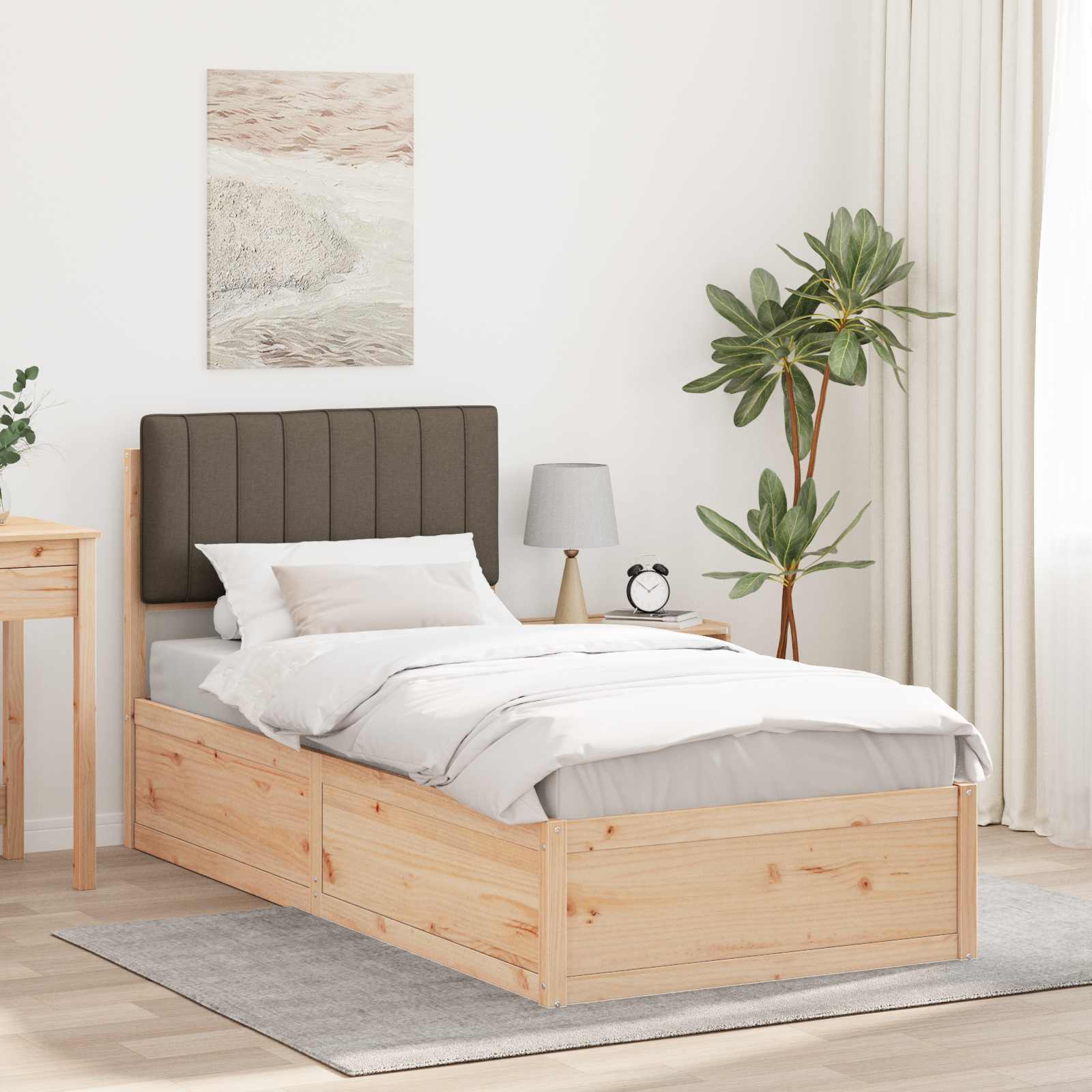 Estrutura de cama com cabeceira estofada cinzento-acastanhado