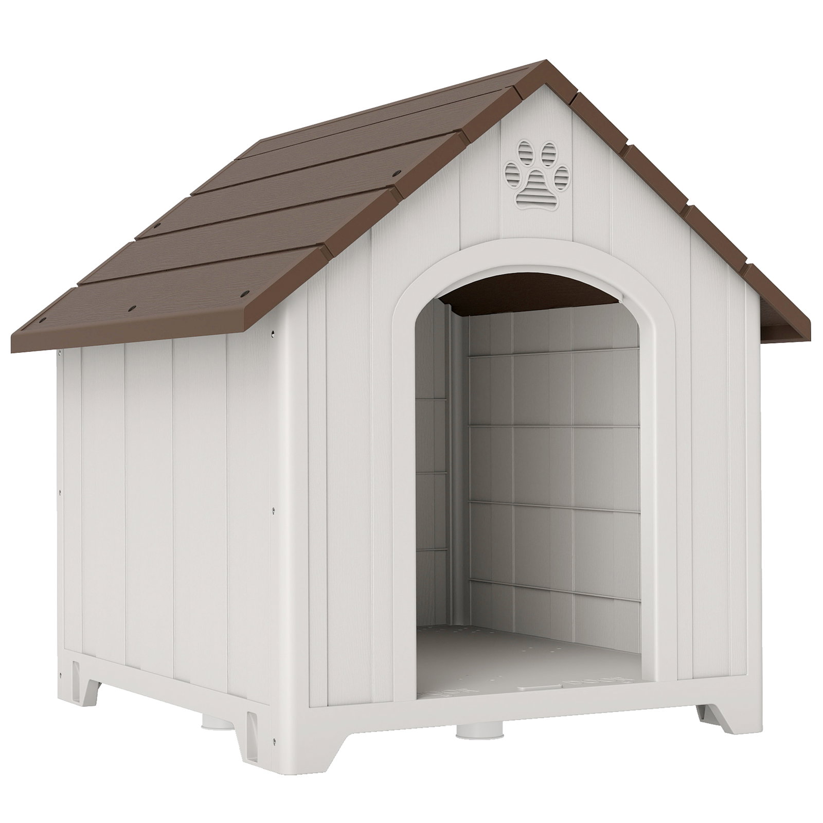 Casota para cães de exterior casa para cães grandes de plástico com 2 janelas base elevada estacas castanho escuro