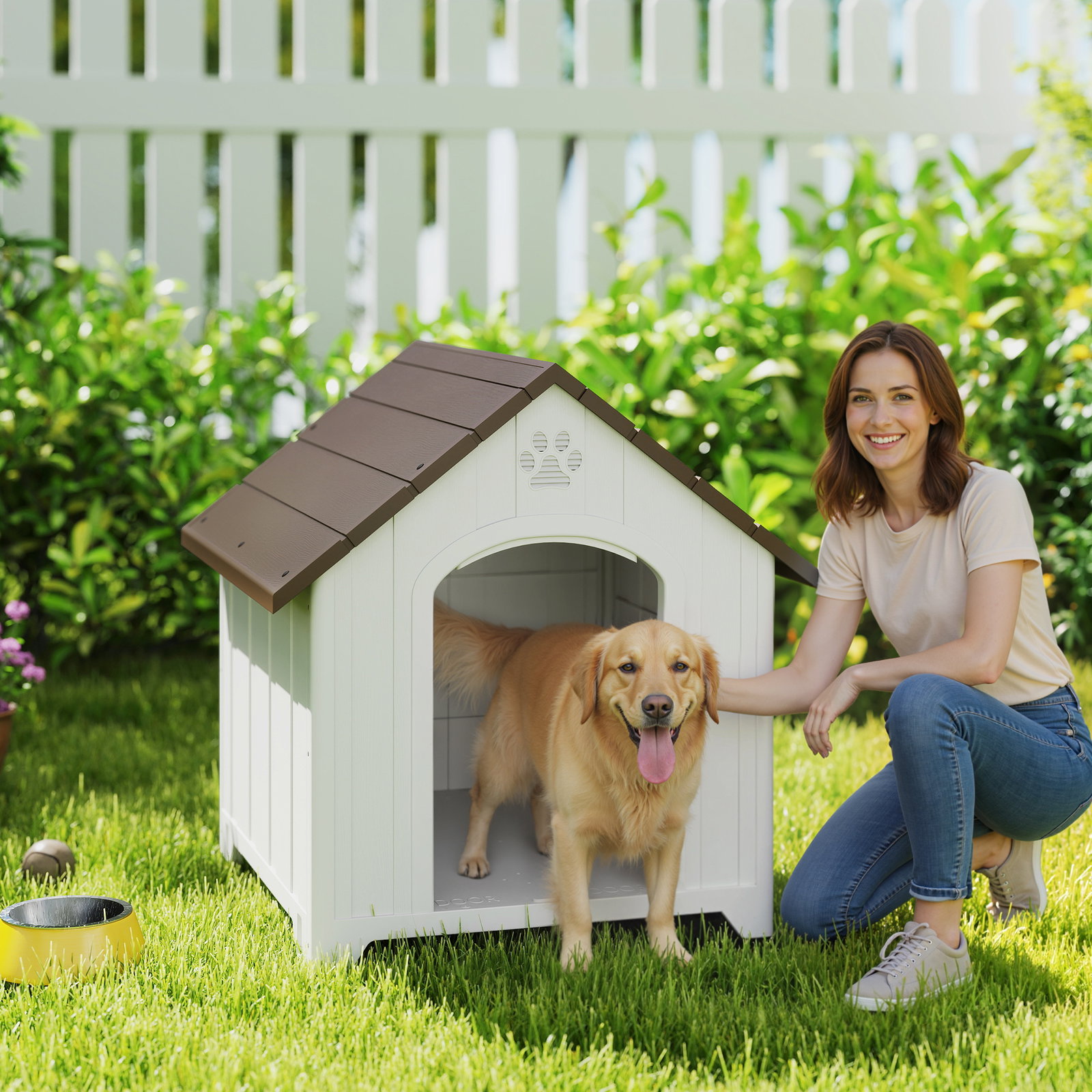 Casota para cães de exterior casa para cães grandes de plástico com 2 janelas base elevada estacas castanho escuro