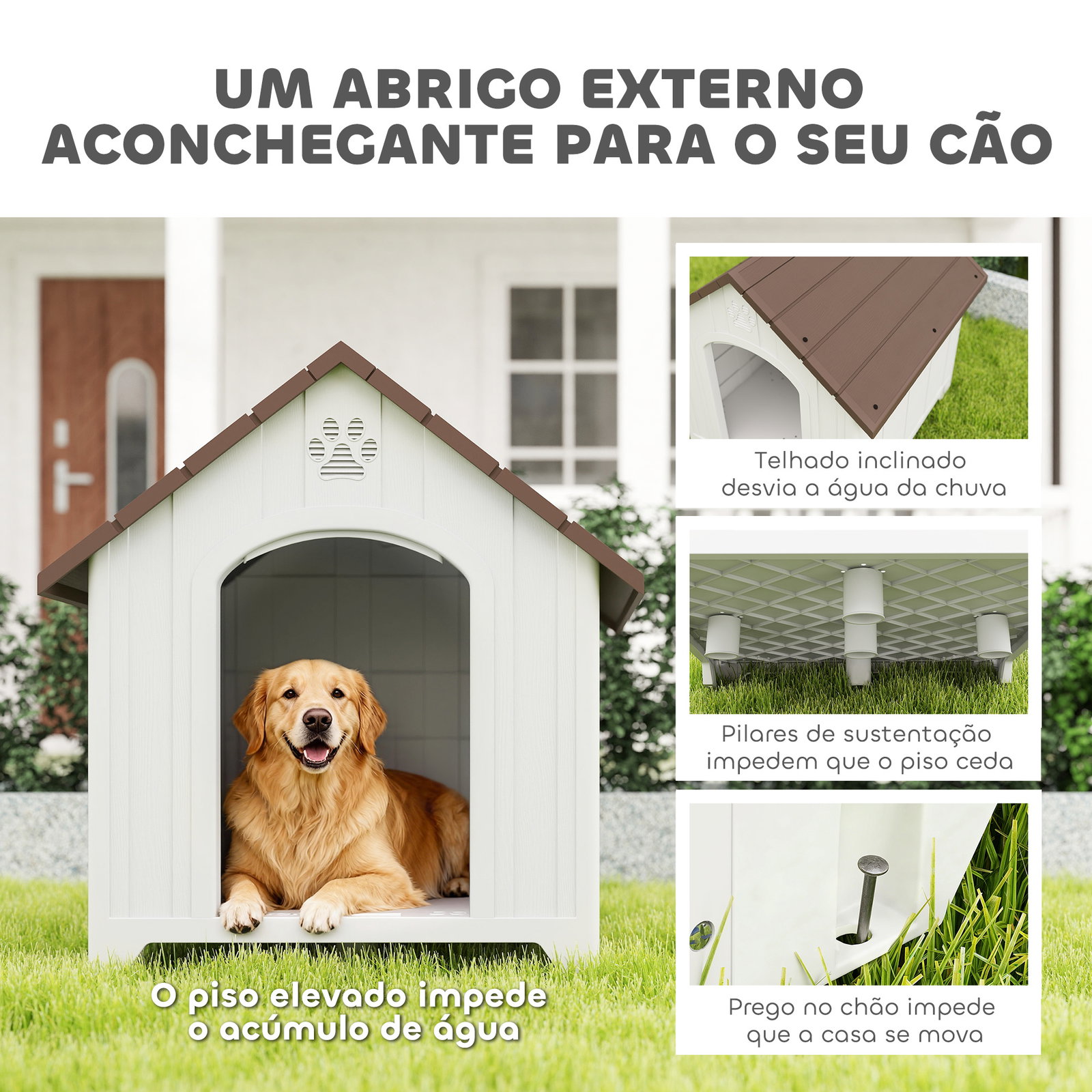 Casota para cães de exterior casa para cães grandes de plástico com 2 janelas base elevada estacas castanho escuro