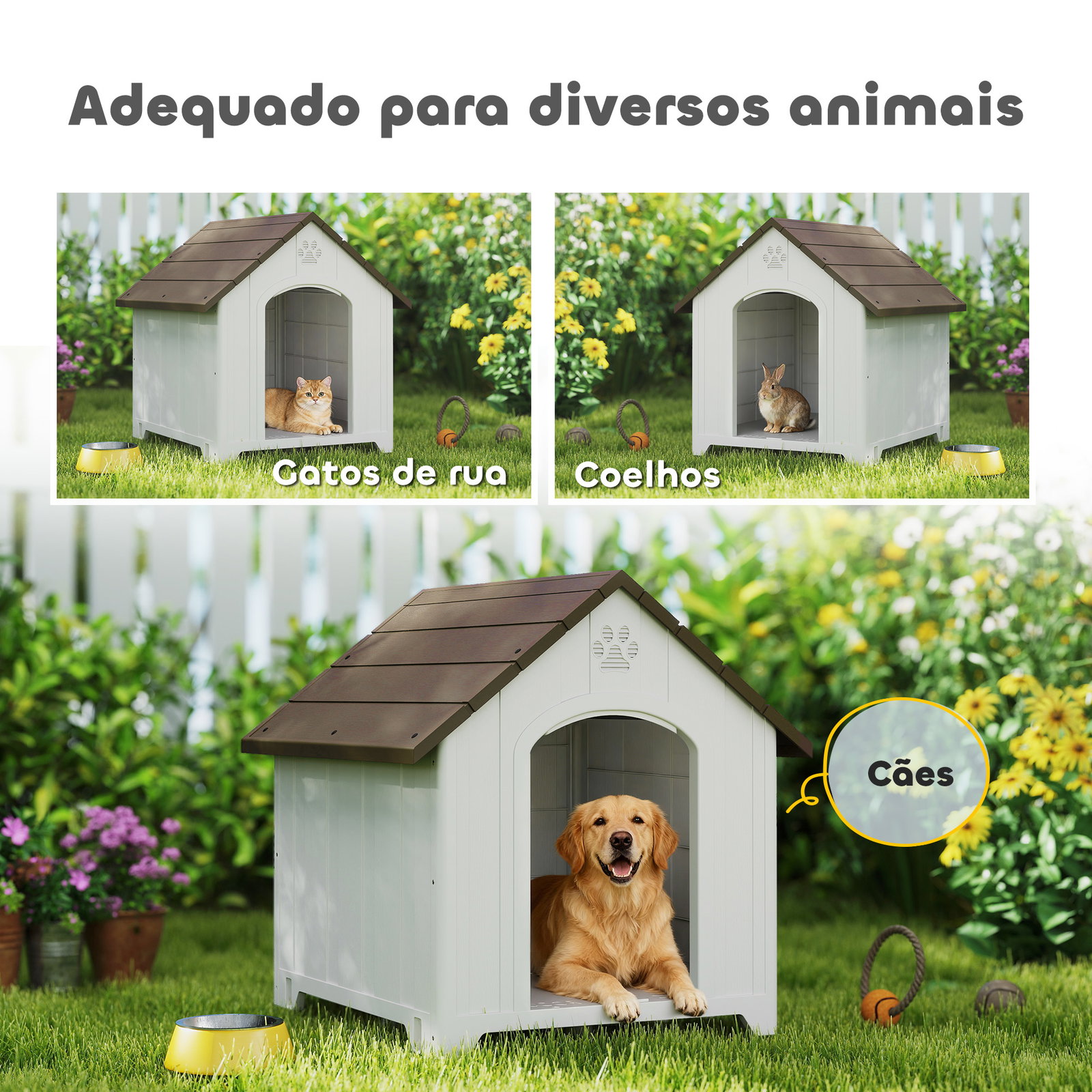 Casota para cães de exterior casa para cães grandes de plástico com 2 janelas base elevada estacas castanho escuro