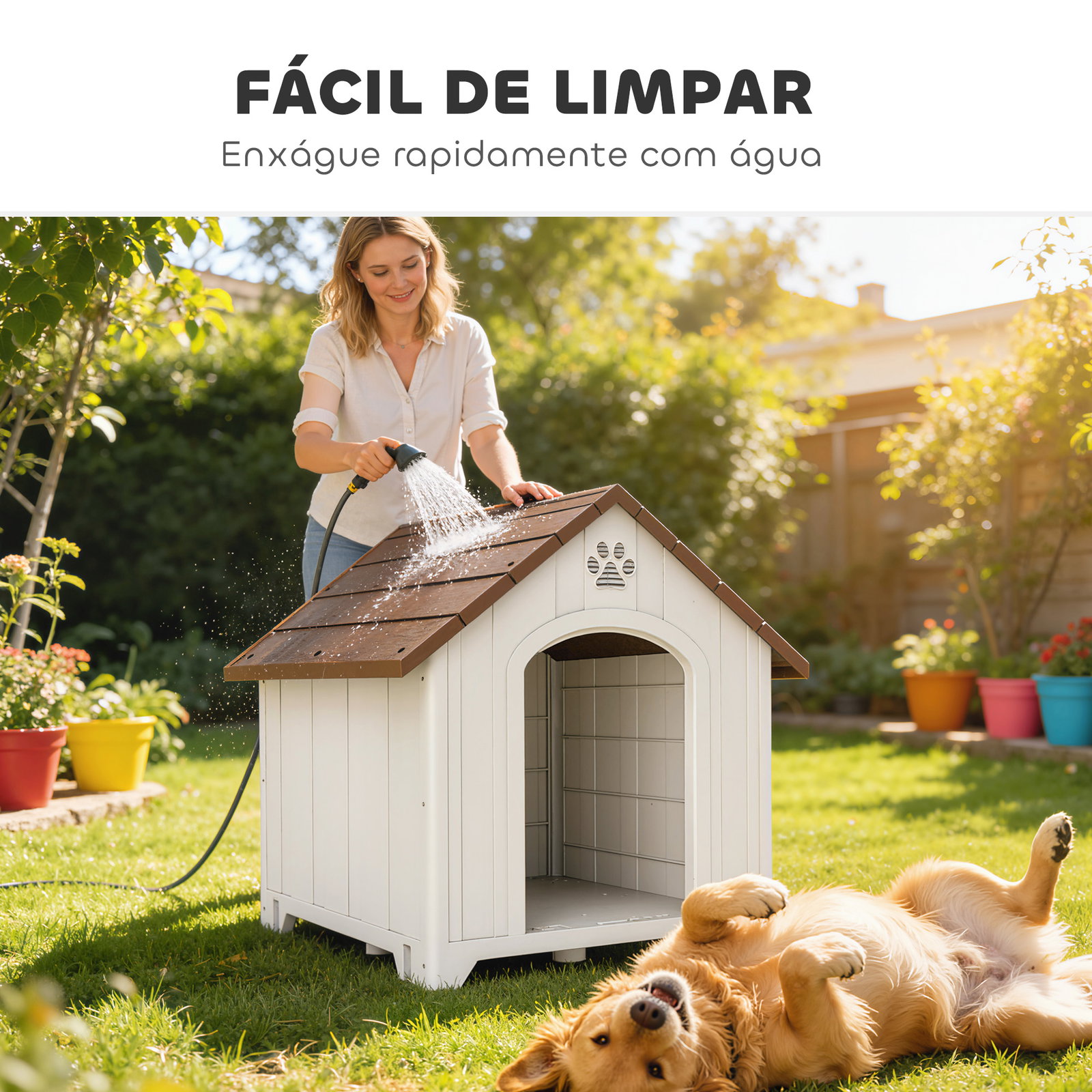 Casota para cães de exterior casa para cães grandes de plástico com 2 janelas base elevada estacas castanho escuro