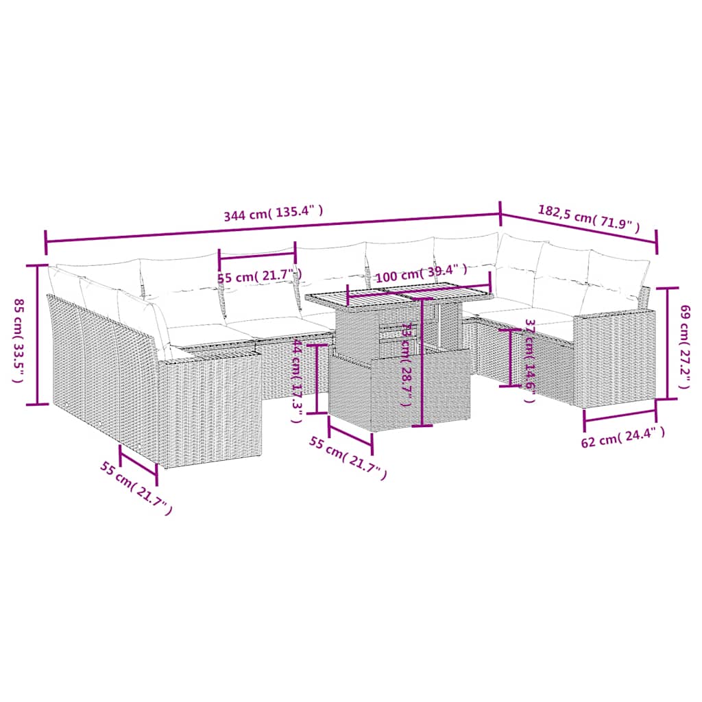11 Pcs conjunto sofás de jardim c/ almofadões vime PE preto