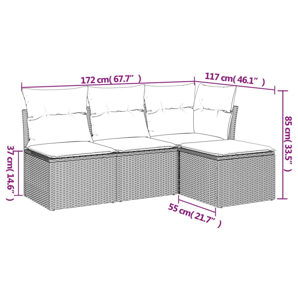 4 Pcs conjunto de sofás para jardim c/ almofadões vime PE preto