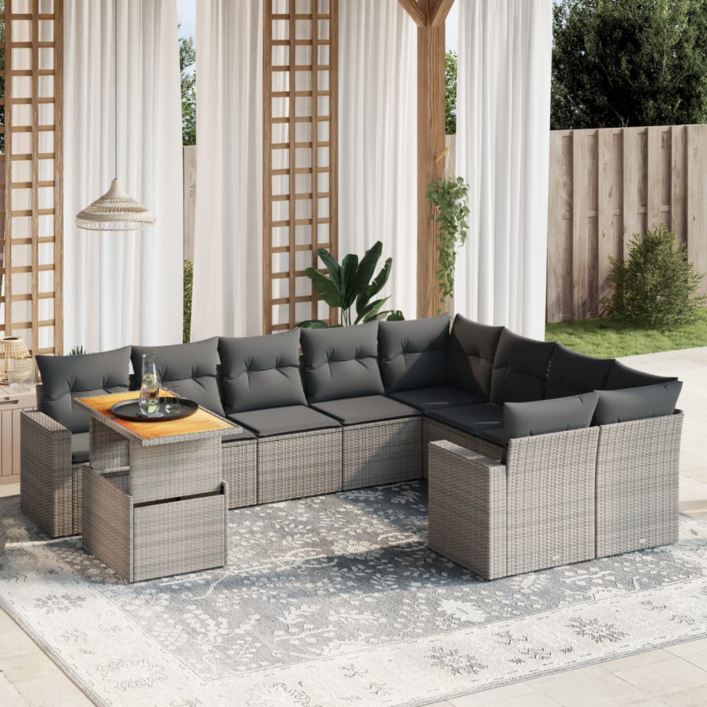 10 Pcs conjunto sofás de jardim c/ almofadões vime PE cinzento