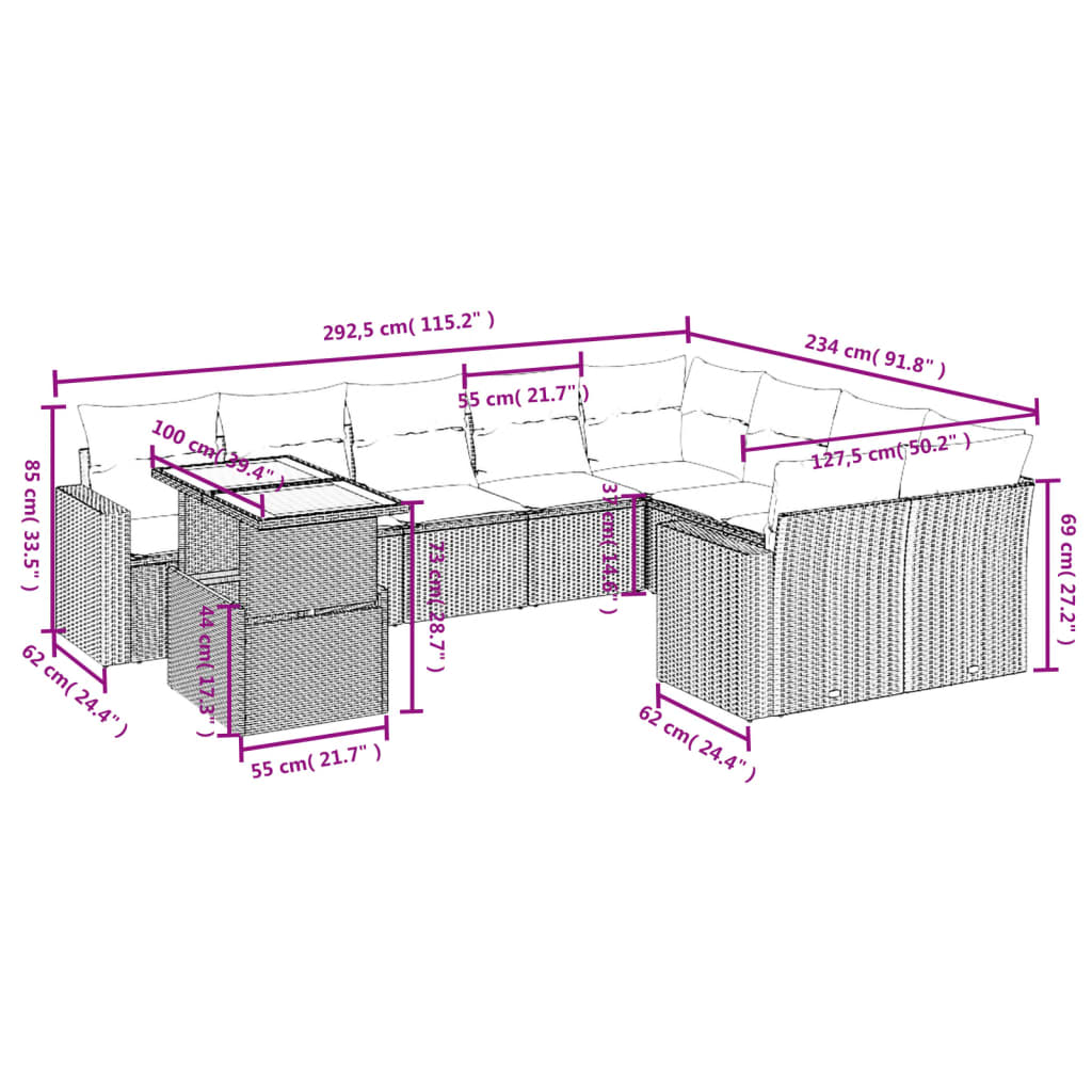 10 Pcs conjunto sofás de jardim c/ almofadões vime PE cinzento