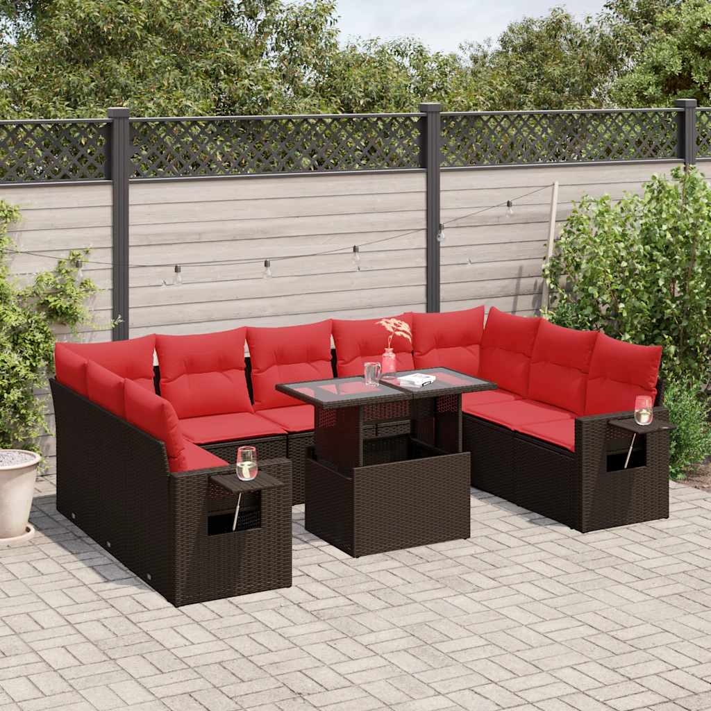 Conjunto de sofá de jardim com 10 peças e almofadas em rattan sintético marrom