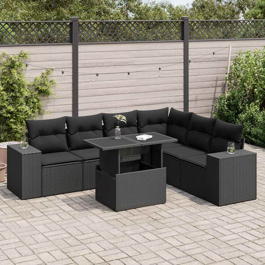 7 Pcs conjunto de sofás p/ jardim c/ almofadões vime PE preto