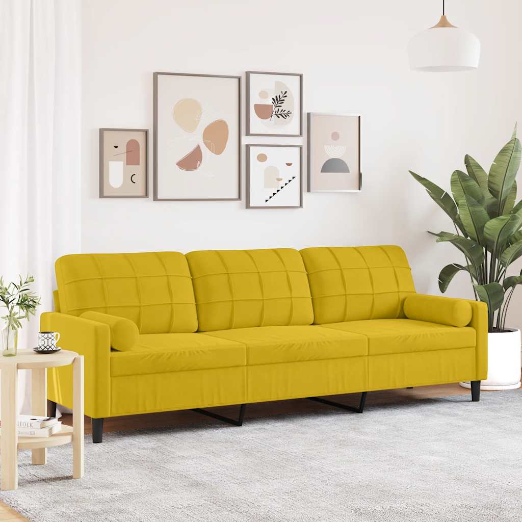 Sofá 3 lugares c/ almofadas decorativas 210 cm veludo amarelo