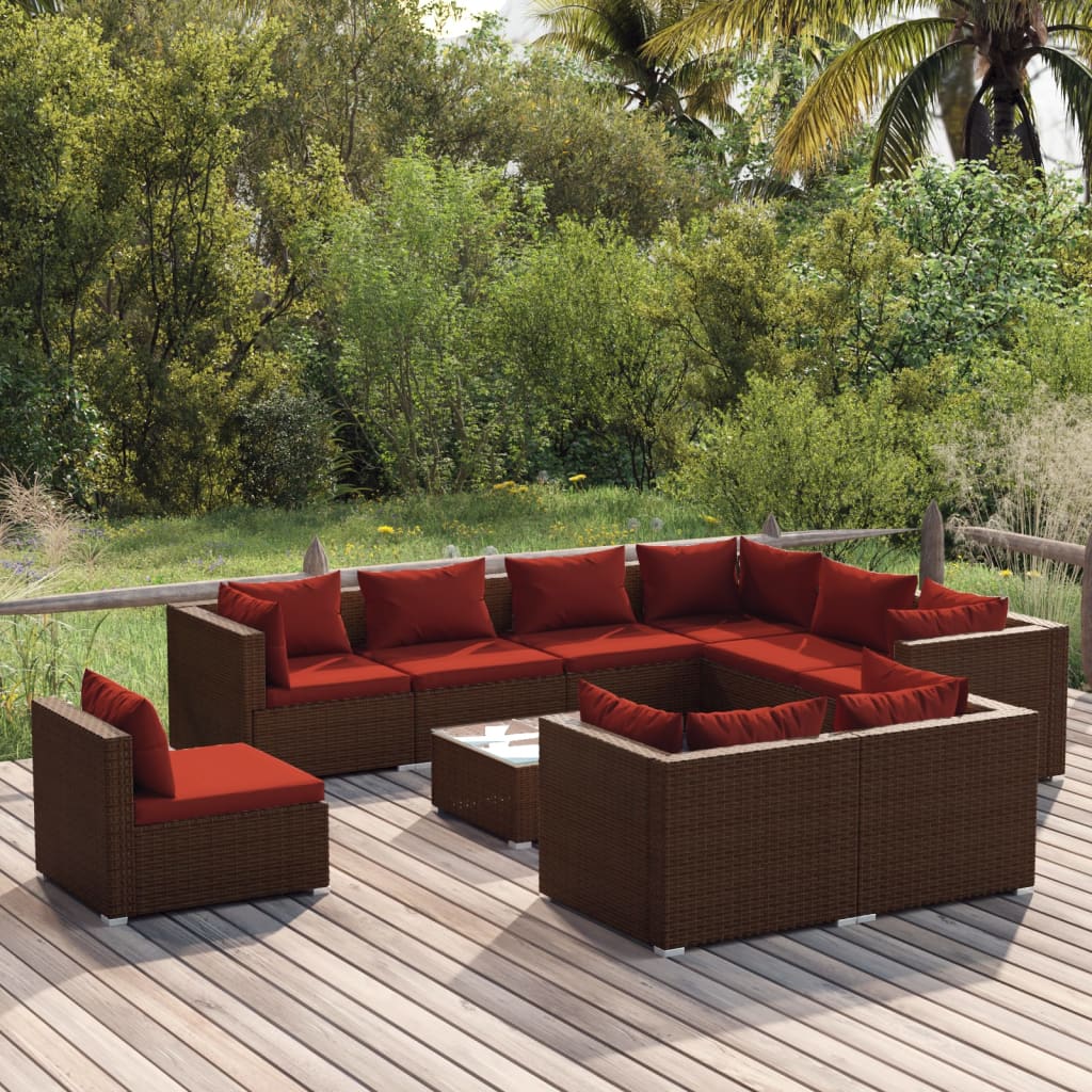 10 Pcs conjunto lounge de jardim c/ almofadões vime PE castanho