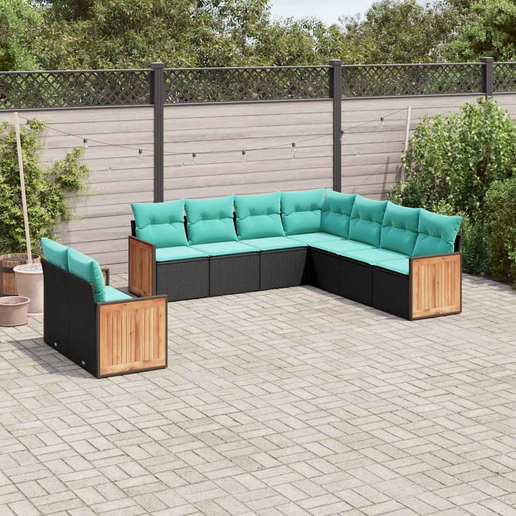 Conjunto de sofá de jardim de 9 peças com almofadas em rattan sintético preto