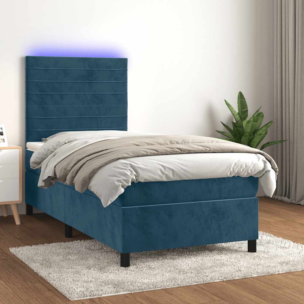 Cama box spring c/ colchão/LED 90x200 cm veludo azul-escuro