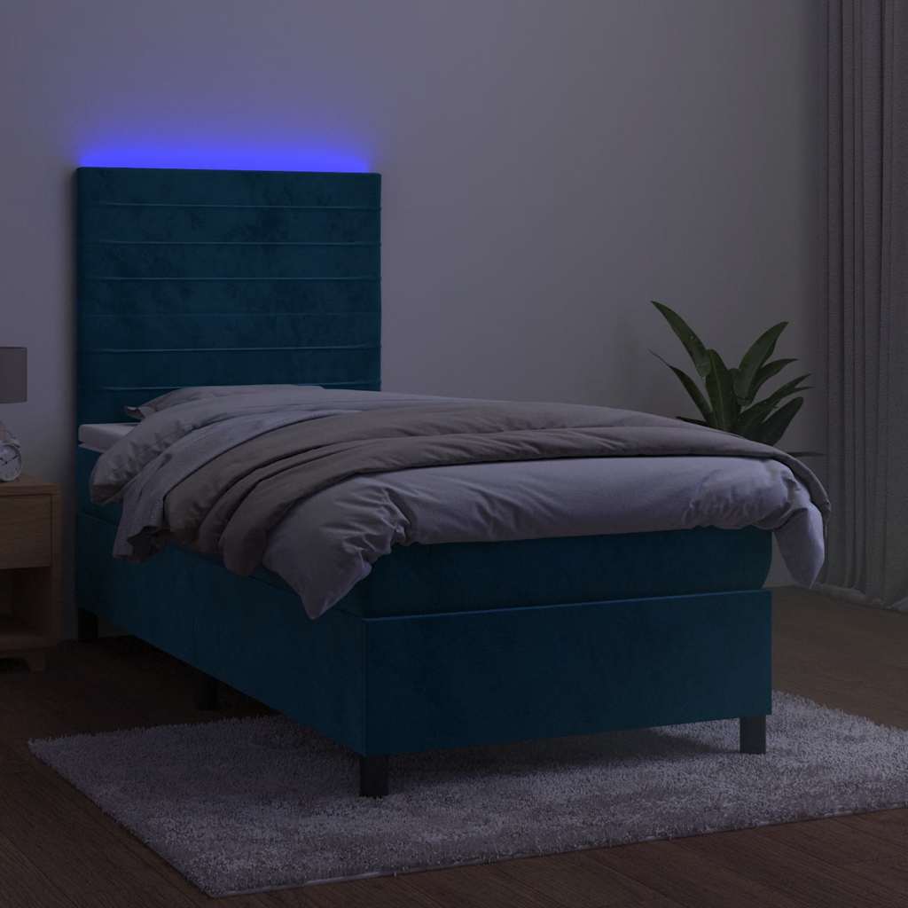 Cama box spring c/ colchão/LED 90x200 cm veludo azul-escuro
