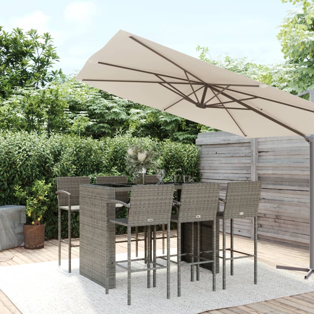 7 Pcs conjunto de bar para jardim vime PE cinzento