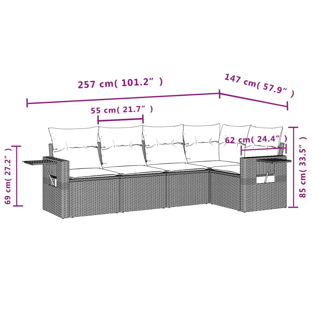 5 Pcs conjunto sofás de jardim com almofadões vime PE preto