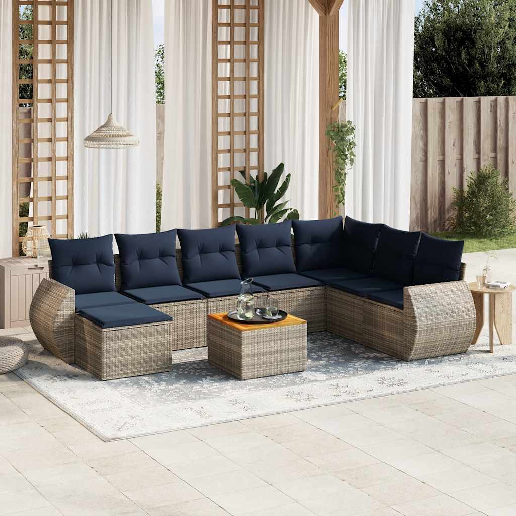 Conjunto de sofá de jardim de 9 peças com almofadas em rattan sintético cinza