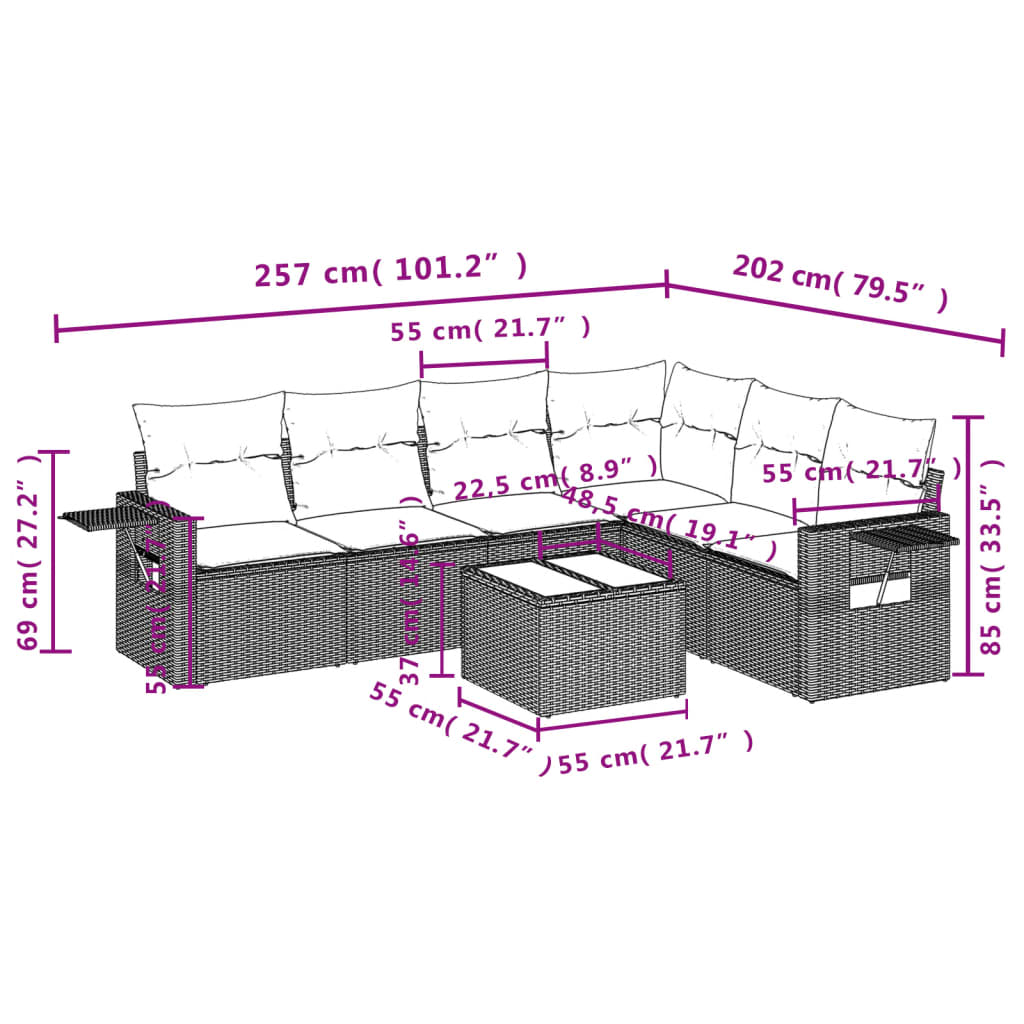 7 Pcs conjunto de sofás p/ jardim c/ almofadões vime PE preto