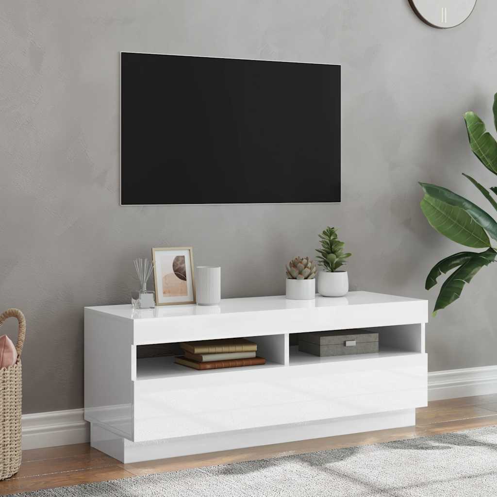Móvel de TV com luzes LED 100x35x40 cm branco brilhante