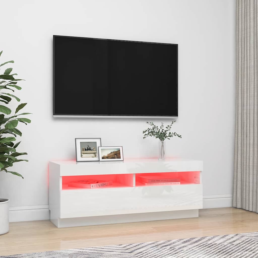 Móvel de TV com luzes LED 100x35x40 cm branco brilhante