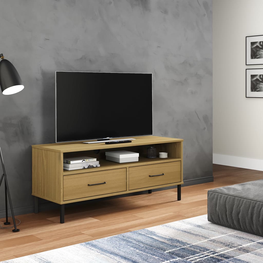 Móvel de TV c/ pernas de metal pinho maciço oslo castanho