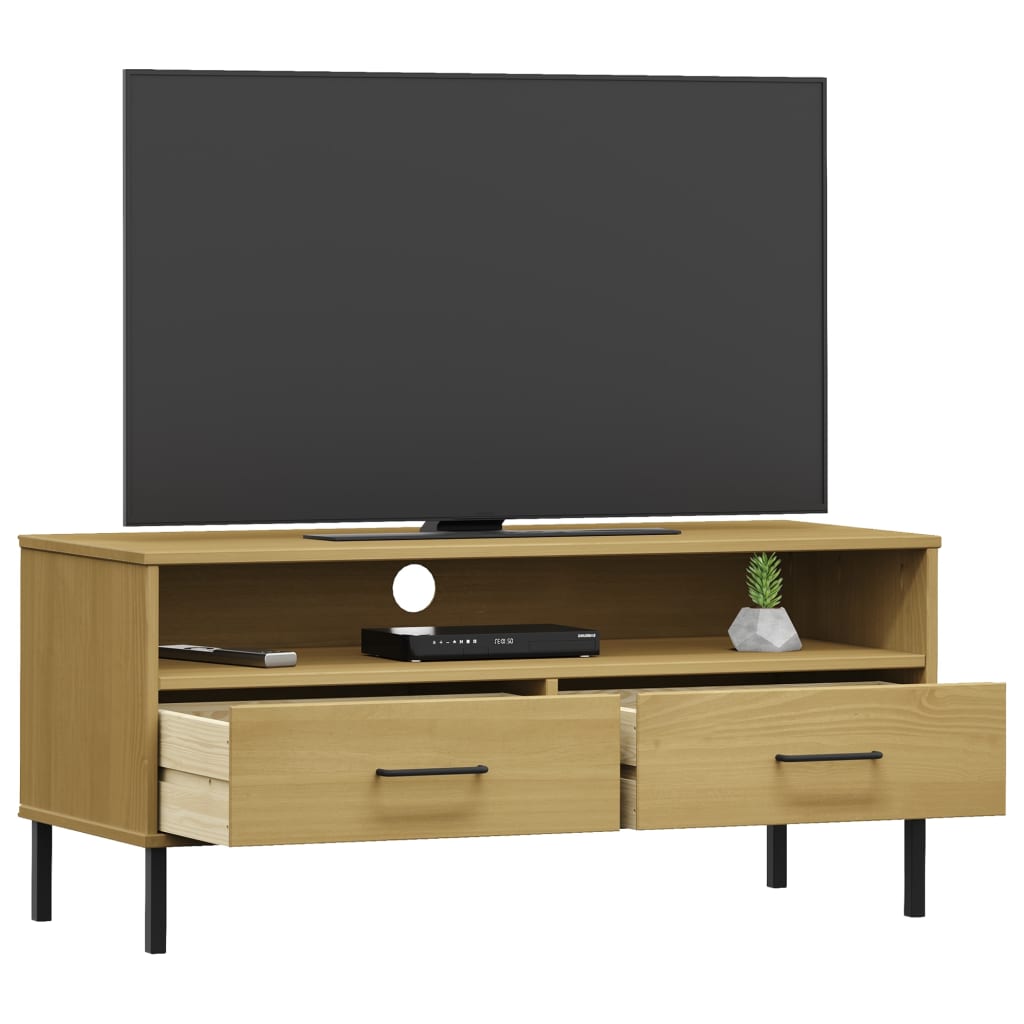 Móvel de TV c/ pernas de metal pinho maciço oslo castanho