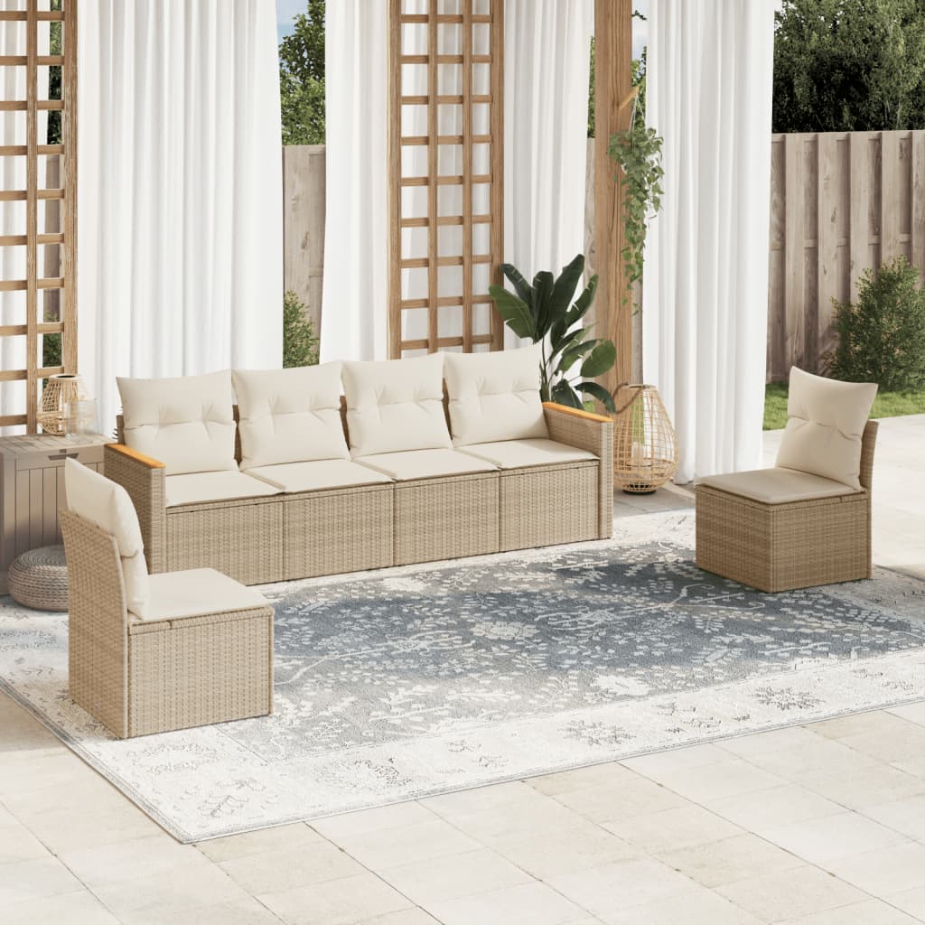 6 Pcs conjunto de sofás p/ jardim com almofadões vime PE bege