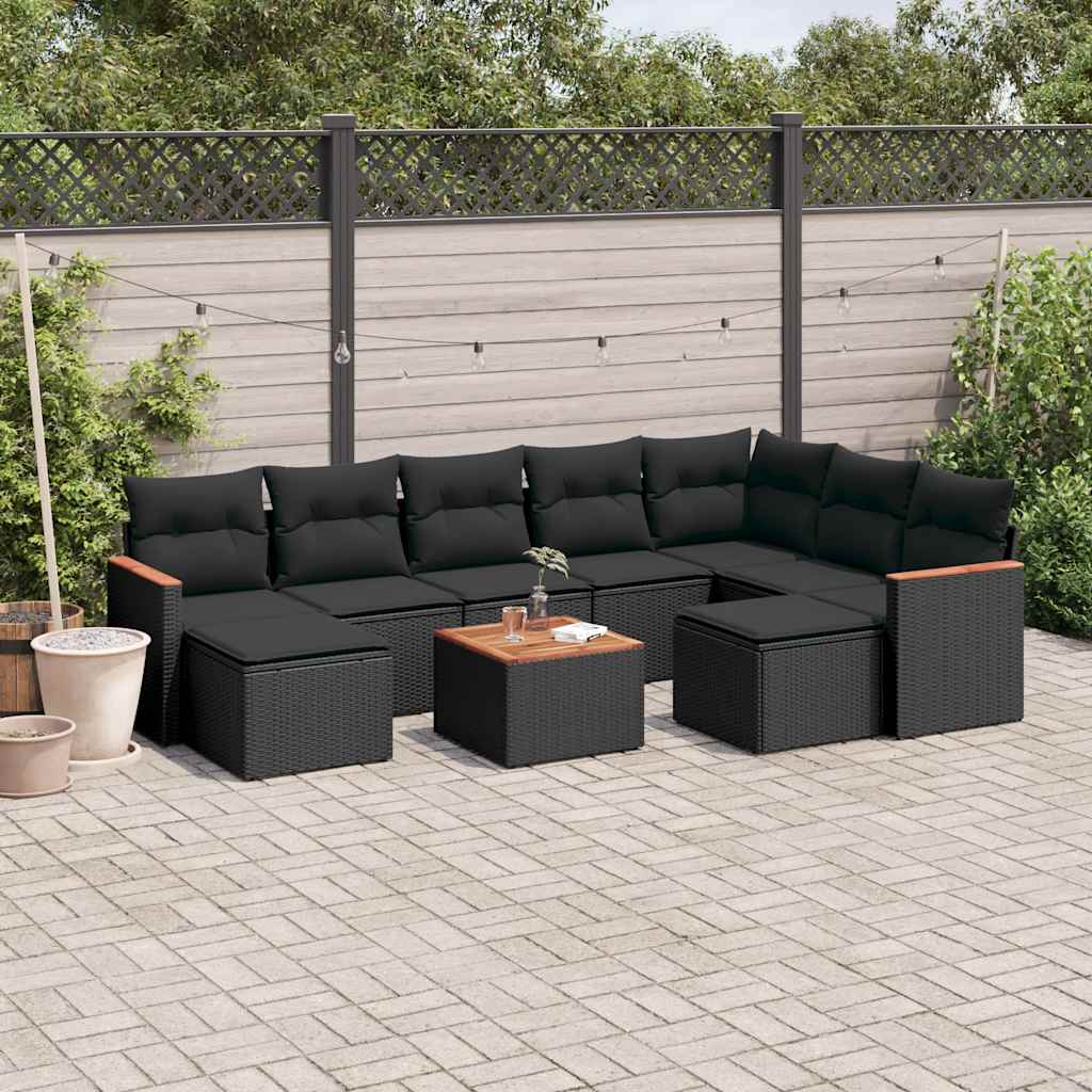 10 Pcs conjunto sofás de jardim c/ almofadões vime PE preto