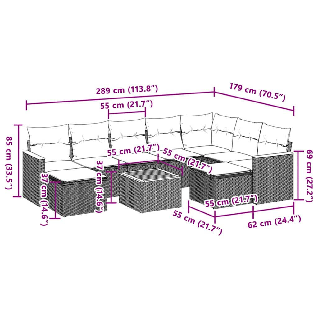 10 Pcs conjunto sofás de jardim c/ almofadões vime PE preto