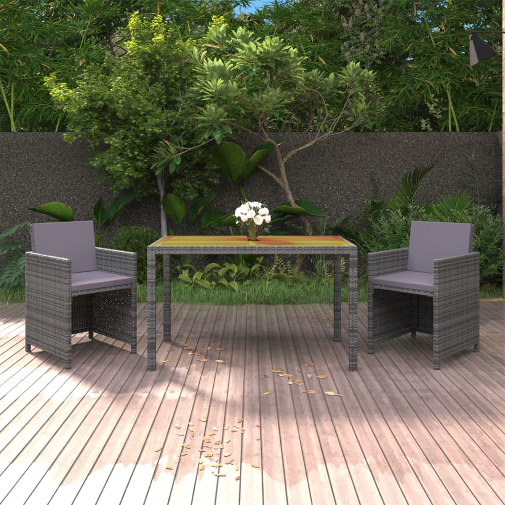 3 Pcs conjunto jantar p/ jardim c/ almofadões vime PE cinzento