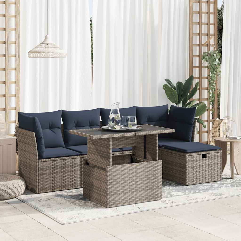 6 Pcs conjunto sofás jardim com almofadões PE/acácia cinzento