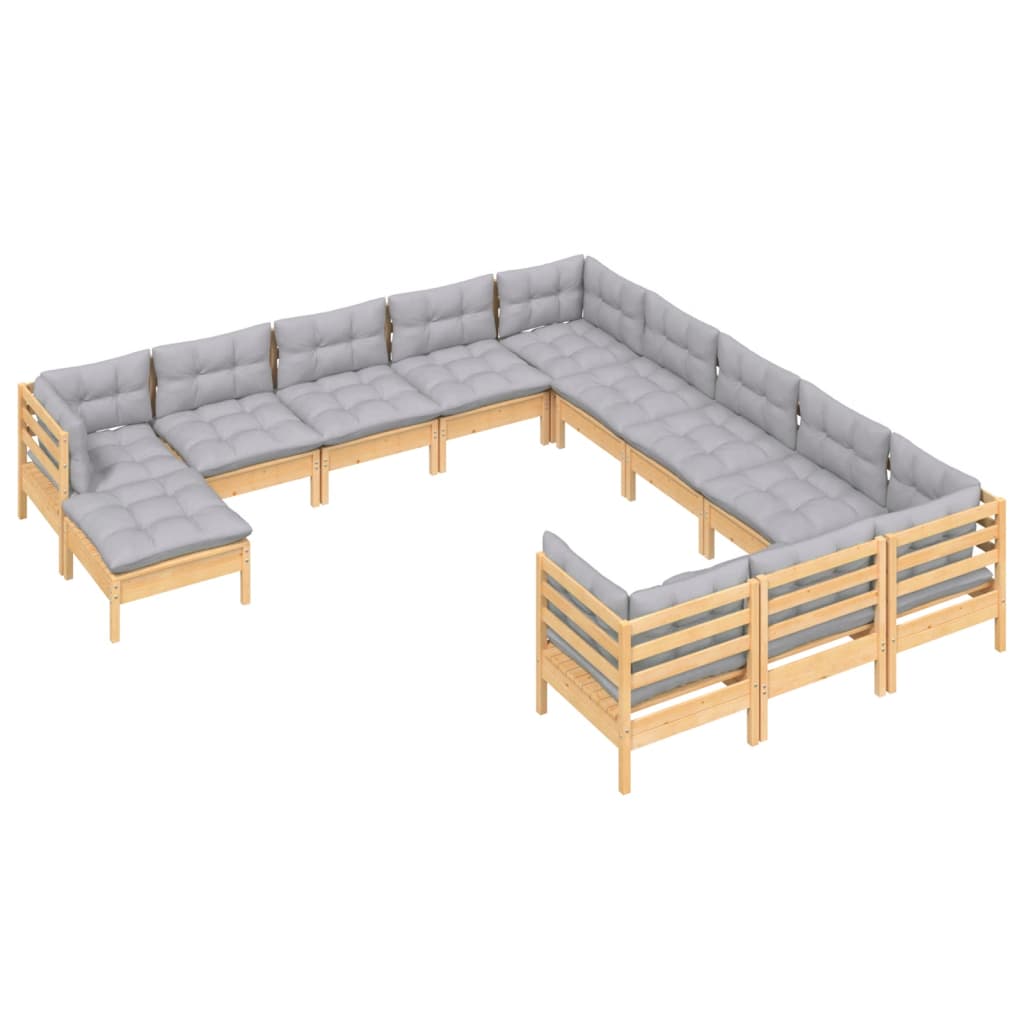 12 Pcs conjunto lounge de jardim c/ almofadões cinza pinho