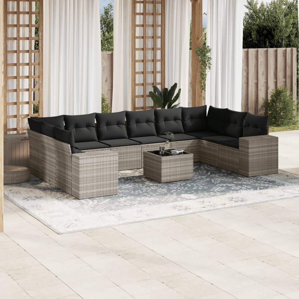11 Pcs conjunto sofás de jardim c/ almofadões vime PE cinzento