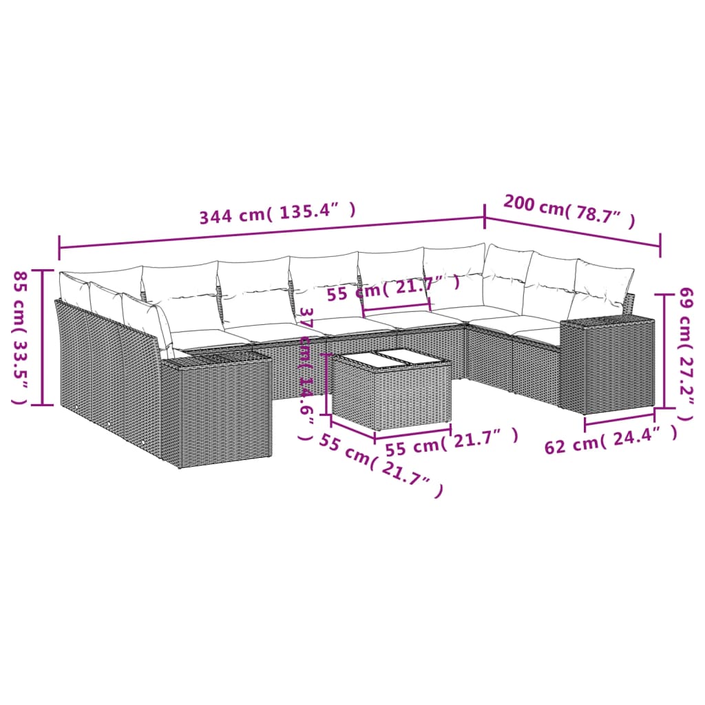 11 Pcs conjunto sofás de jardim c/ almofadões vime PE cinzento