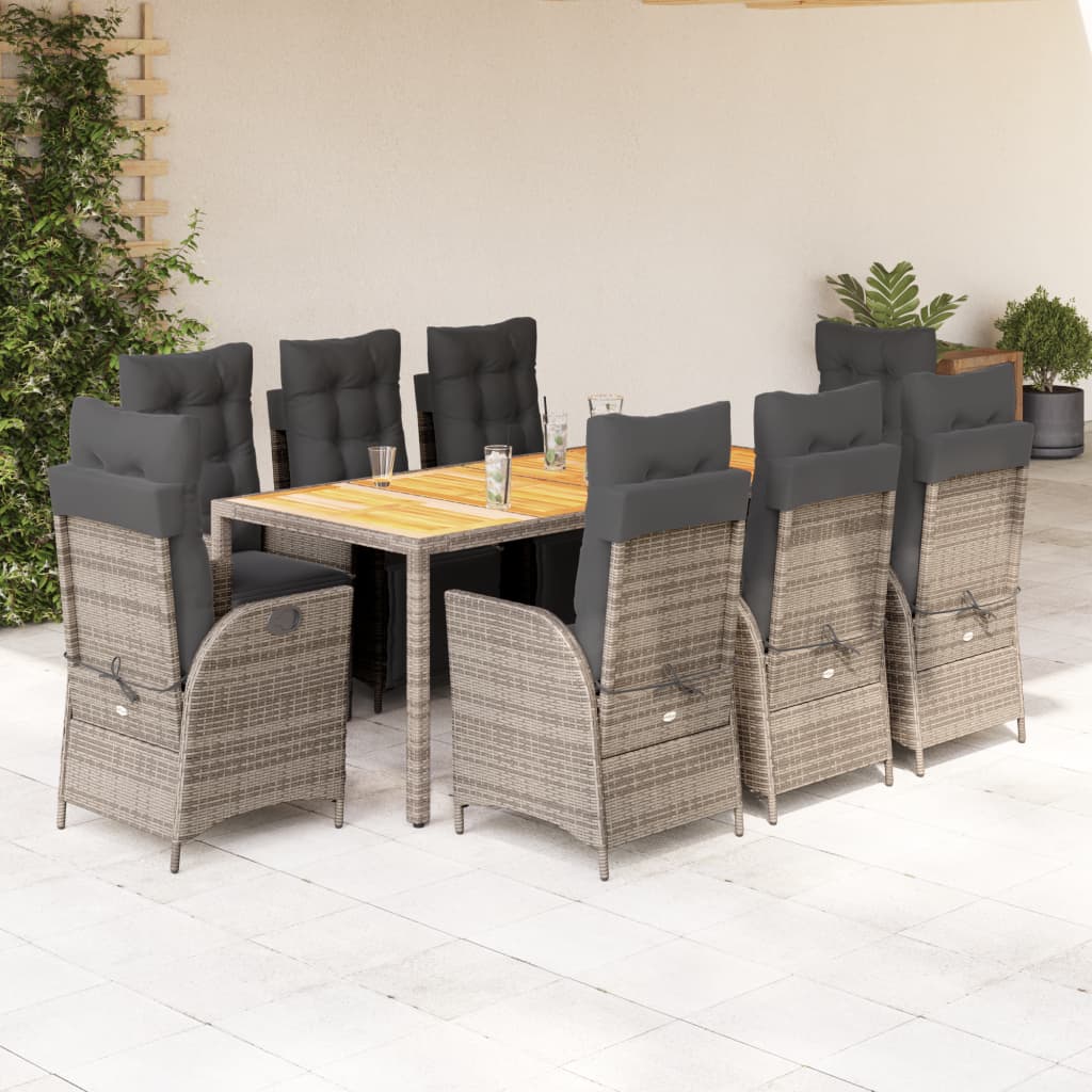 9 Pcs conjunto de jantar p/ jardim c/ almofadões vime PE cinza