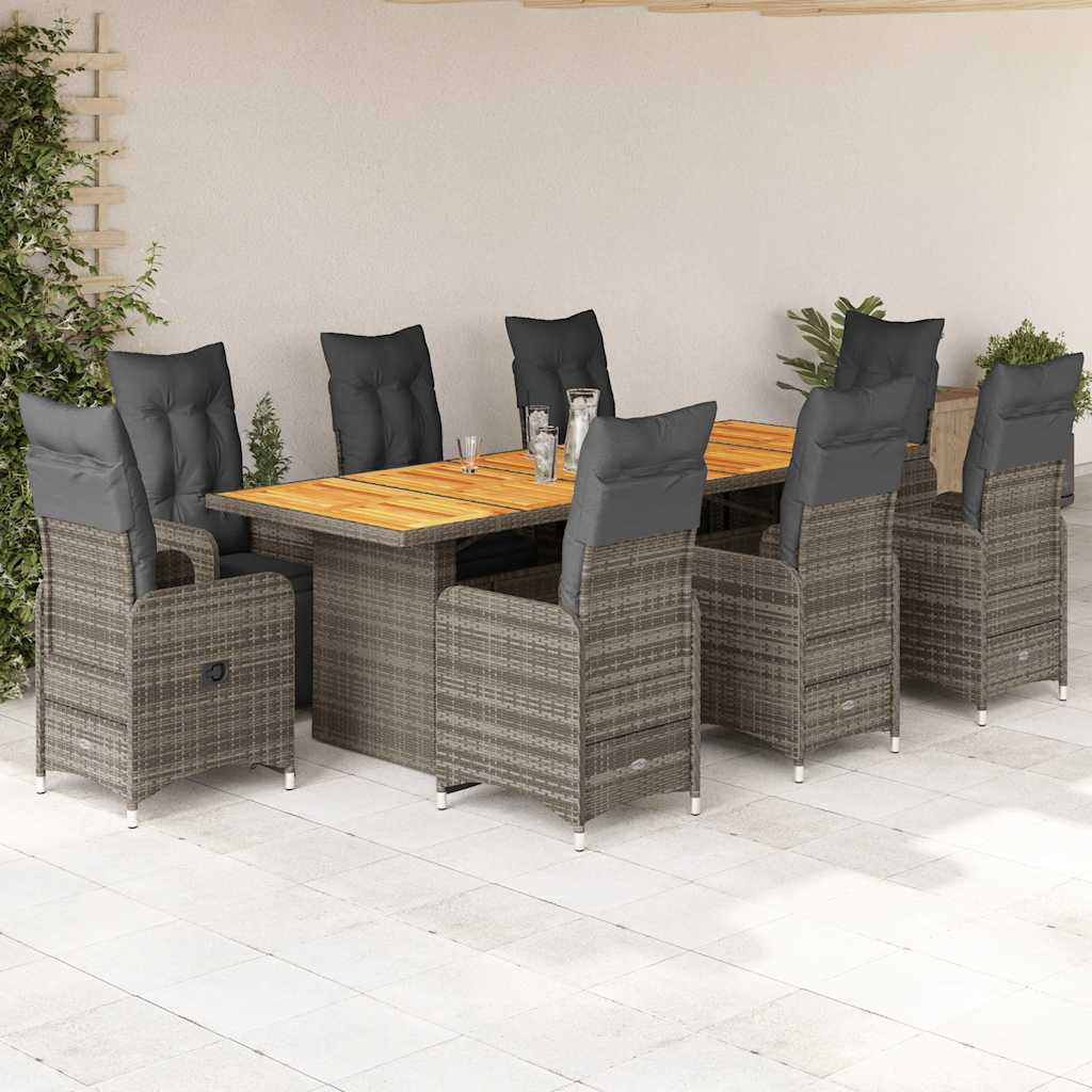 9 Pcs conjunto bistrô de jardim c/ almofadões vime PE cinzento