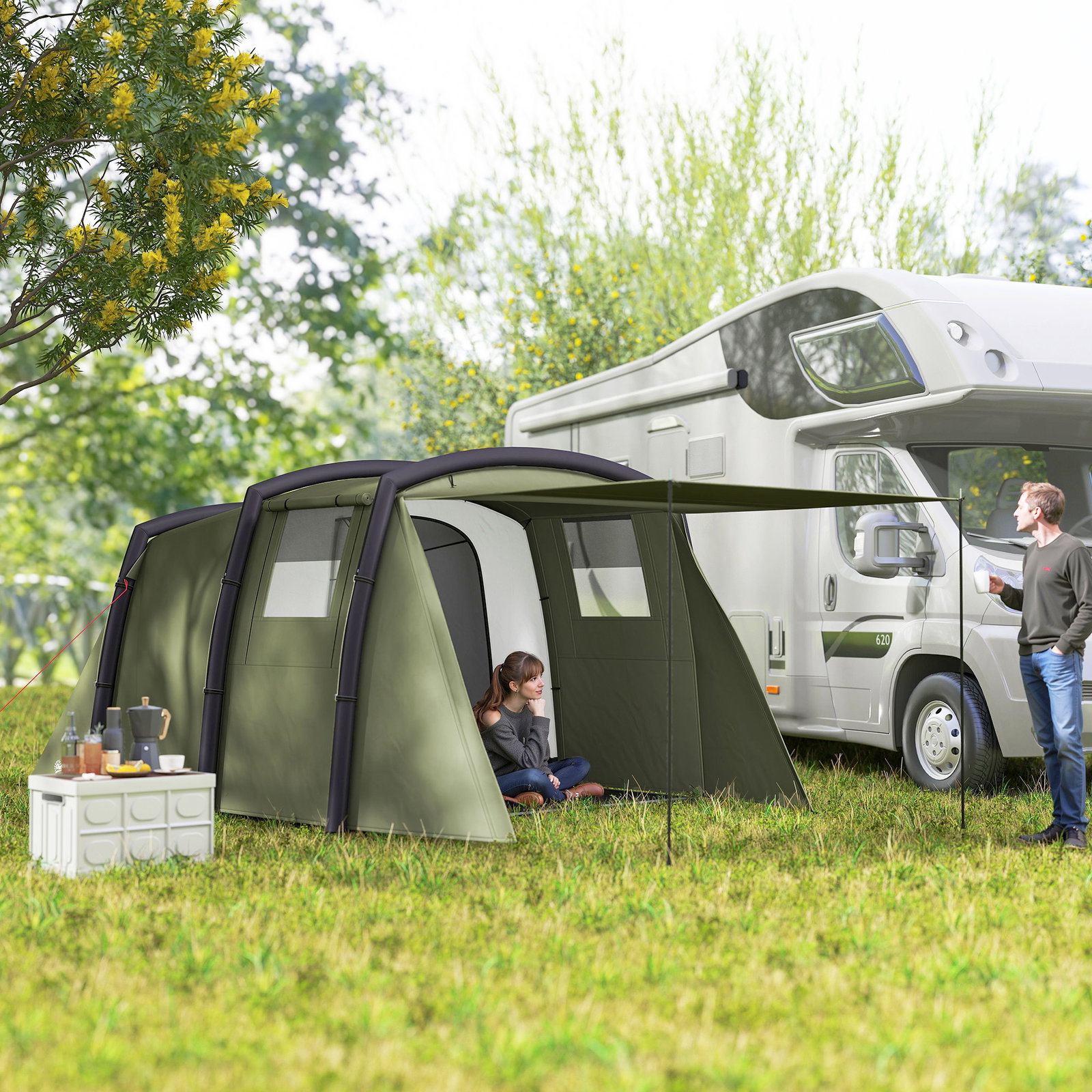 Tenda de campismo inflável familiar para 3-4 pessoas janelas de malha e bolsa de transporte proteção UV 50+ 440x280x195 cm verde-oliva