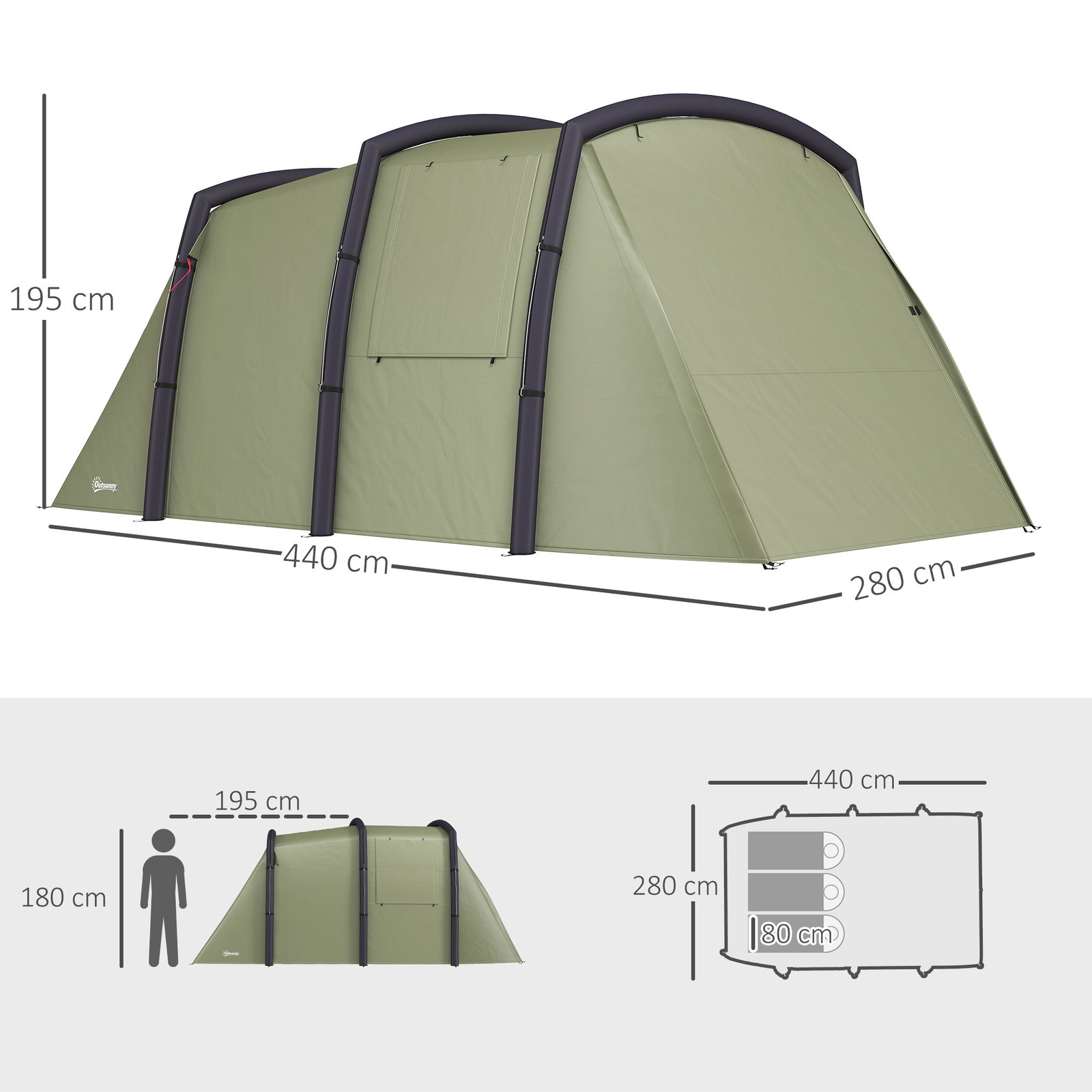 Tenda de campismo inflável familiar para 3-4 pessoas janelas de malha e bolsa de transporte proteção UV 50+ 440x280x195 cm verde-oliva